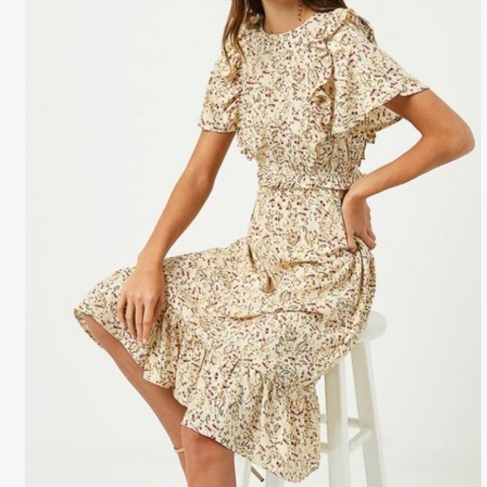 Hayden Los Angeles NWT Ditsy Floral Cottagecore Ruffle Bib Midi Dress Size S